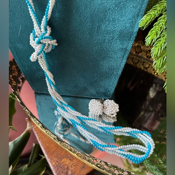 1960's Signed Japan Faux Seed Pearl Extra Long Twisted Necklace and Earring Set - Picture 8 of 8